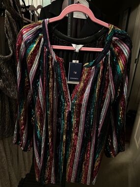 crown & ivy Multicolor Striped Sequin V-Neck Top